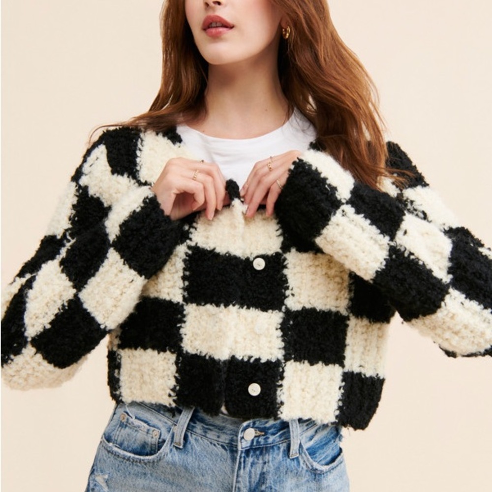 Moon River Black and Cream Checkered Teddy Jacket
